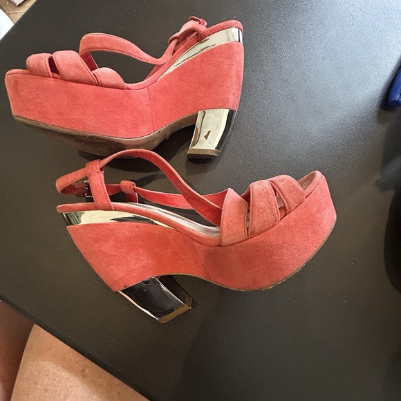 Miu Miu Suede Sandals Coral/Melon Colour Wedge Platform US 8/8.5 EU 38 1/2 - Picture 16 of 16
